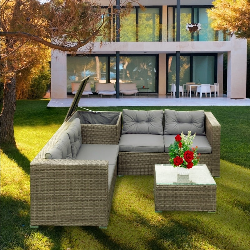 4 Piece Patio Sectional Wicker Rattan  Sofa Set with Storage Box Grey