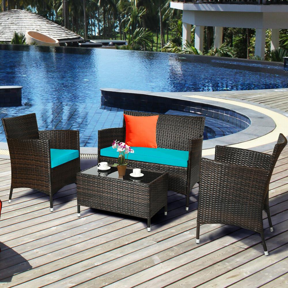 4PCS Rattan Patio Furniture Set Cushioned Sofa Chair Coffee TableTurquoise HW63214