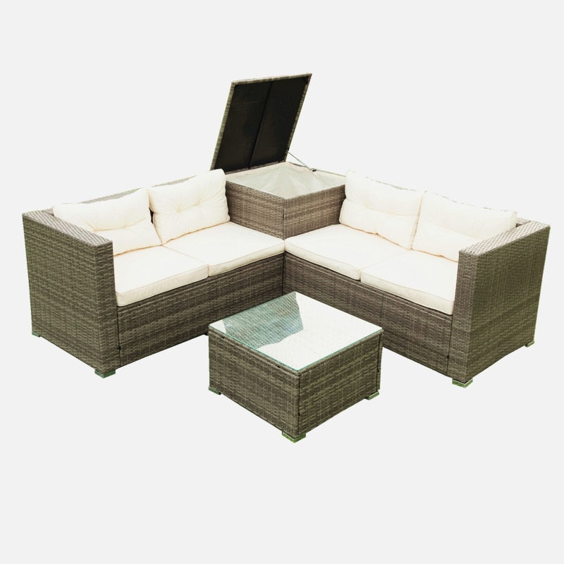 4 Piece Patio Sectional Wicker Rattan  Sofa Set with Storage Box Grey