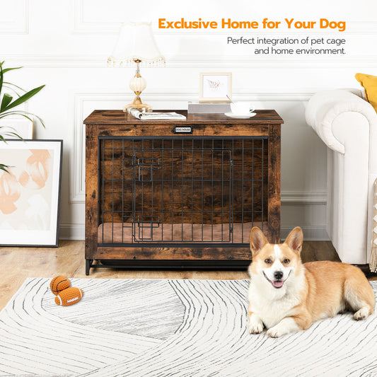 HOOBRO Dog Crate Furniture Large Dog Kennel Wooden Pet Furniture with Pull-Out Tray Double Doors - yourcasuallifestore