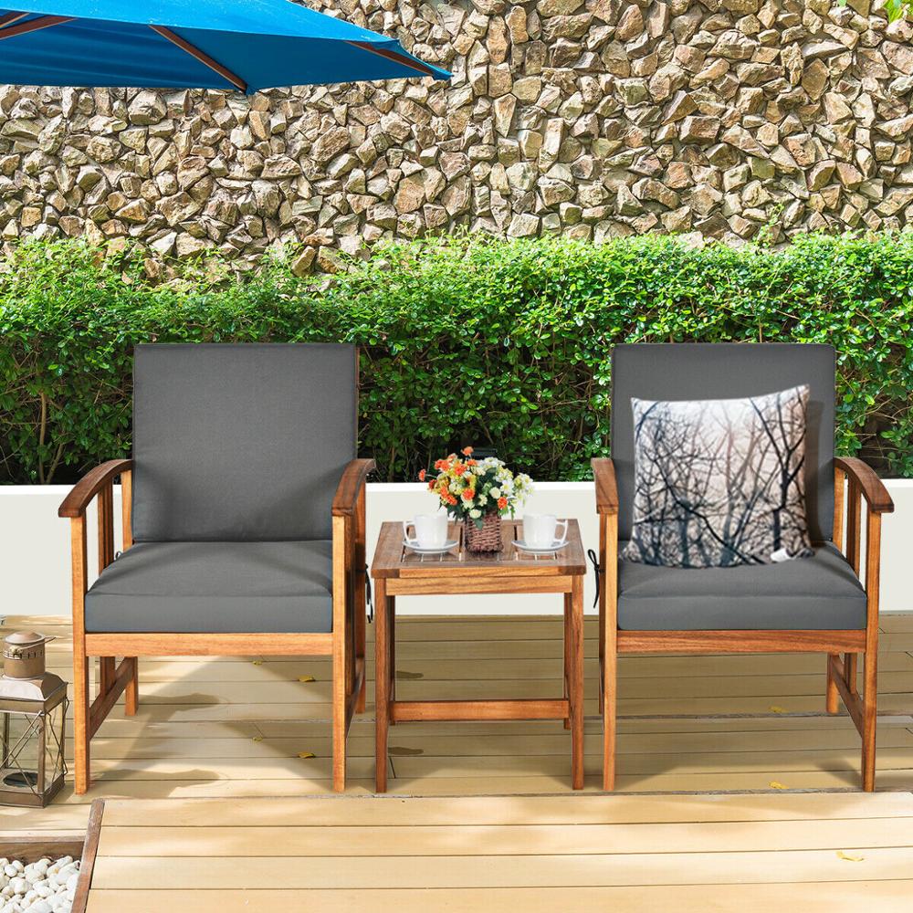 3PCS Outdoor Patio Sofa Furniture Set Solid Wood Cushioned Grey