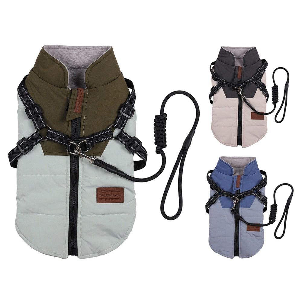 Winter Pet Dog Jacket With Harness Rope Warm Clothes Waterproof Coat