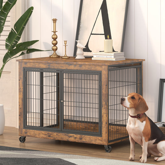 Dog Crate Furniture, Wooden Dog Crate Table, 38.5" Dog Kennel with 2 Doors, Flip-up Top Opening and Wheels, - yourcasuallifestore