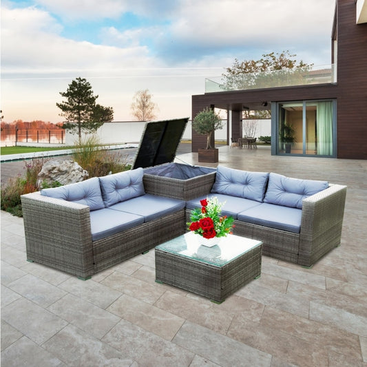 4 Piece Patio Sectional Wicker Rattan  Sofa Set with Storage Box Grey