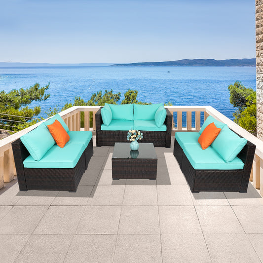 7 Piece Outdoor Terrace Patio Furniture Set Brown Gradient Rattan Lake Blue Cushion [US-Stock]